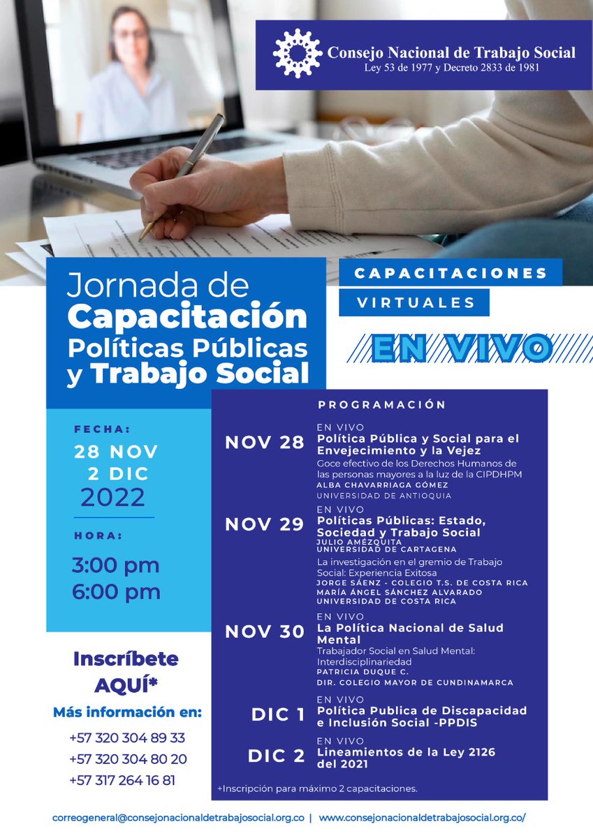 AtssanCol's tweet photo. Capacitaciones - Consejo Nacional de Trabajo Social - CNTS
POLITÍTICAS PÚBLICAS Y TRABAJO SOCIAL
Links Inscripción:
https://t.co/3mcudEqFRn
Mayor Información:
https://t.co/PVyodnXAeN
#SoyATSSANCOL
#SoyGremioTS
#TrabajoSocialColombia
#EventosTS
#EventosTrabajoSocial https://t.co/hOz5isFpxe
