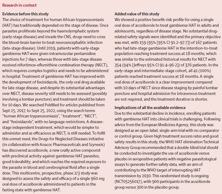 NEW—Novel single-dose treatment for #sleepingsickness could help eliminate transmission of the disease by 2030, according to a <a href="/DNDi/">Drugs for Neglected Diseases initiative</a> study just published in <a href="/TheLancetInfDis/">The Lancet Infectious Diseases</a>.

Read the study: hubs.li/Q01tvXt00