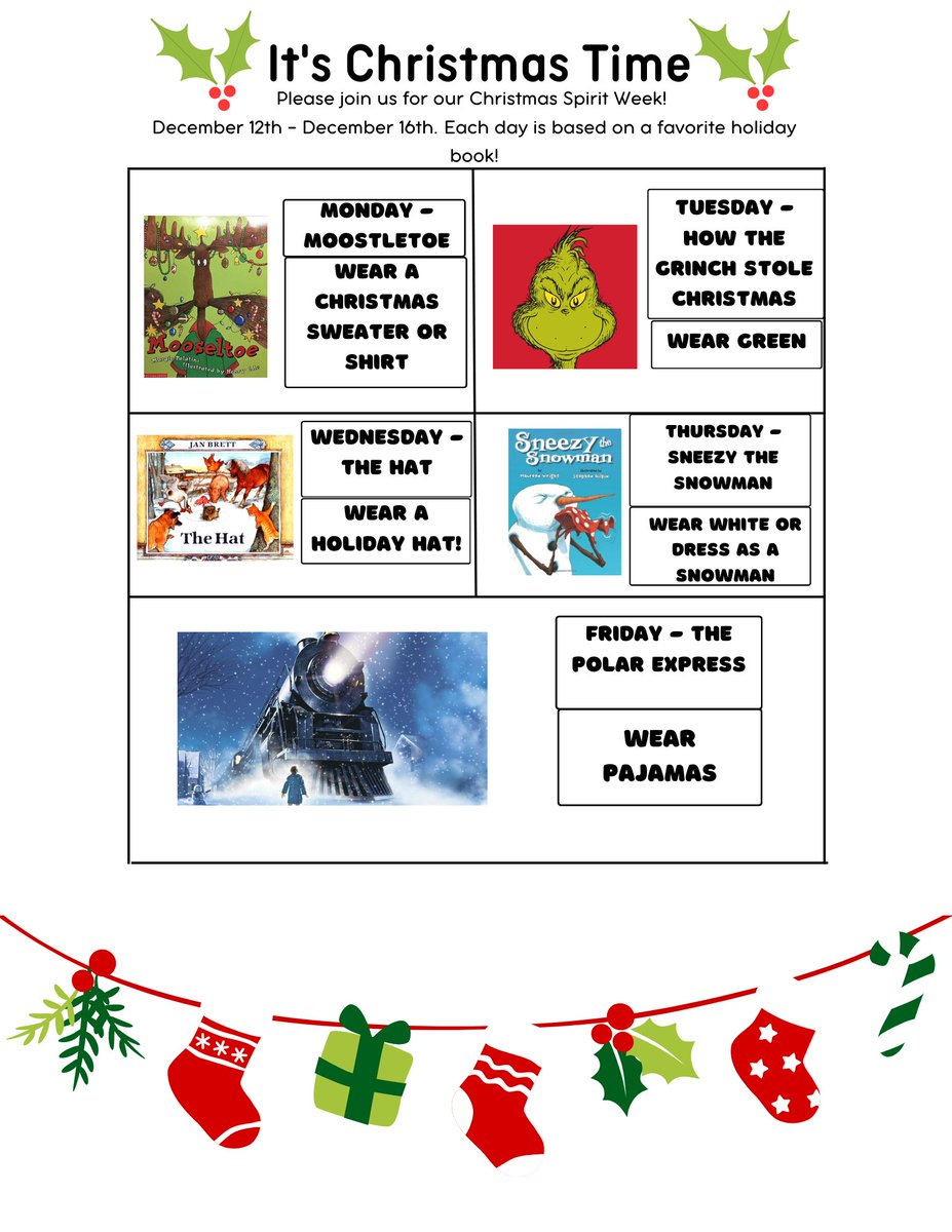 December is just around the corner and so is our Spirit Week! Take a look at the ways we will be showing the holiday spirit.