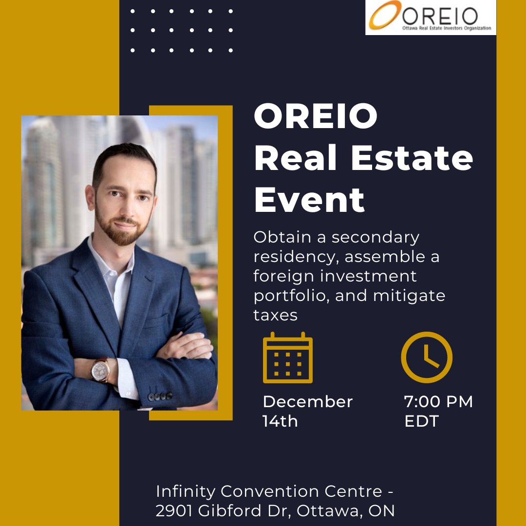 OREIO_org's tweet image. OREIO is excited to announce that our next meeting is December 14th at 7pm! Guest speaker Mikkel Thorup of Expat Money will be discussing how to gain a secondary residency, establish an international investment portfolio, and limit taxes. 

Register below:
oreio.org