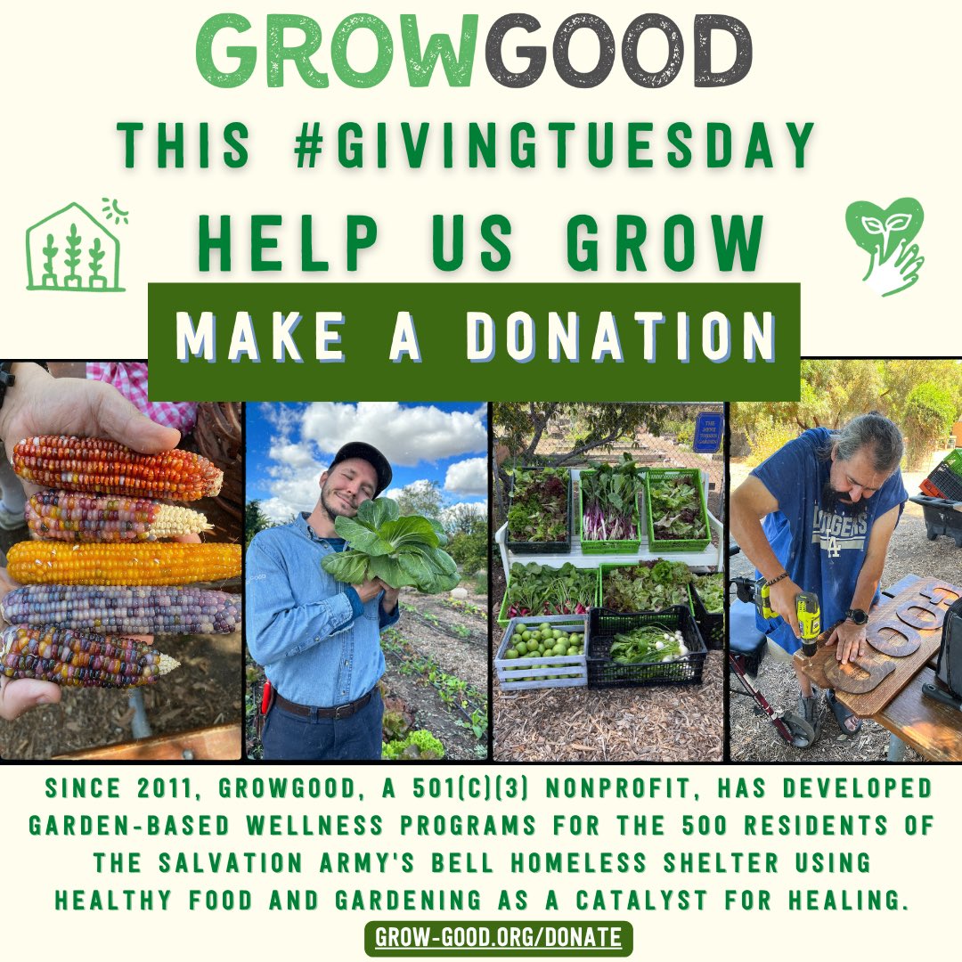 It’s #GivingTuesday! Help us grow by making a donation to our nonprofit urban farm, which develops garden-based wellness programs for the 500 residents of the Bell Homeless Shelter using healthy food &amp; gardening as a catalyst for healing.  ➡️ grow-good.org/donate