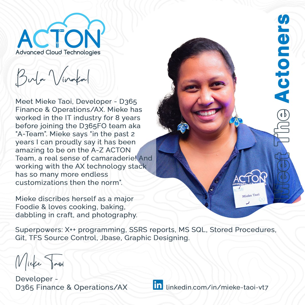 actonfiji's tweet photo. Meet Mieke Taoi, Developer - D365 Finance &amp; Operations/AX

#meettheactoners #actonfiji #actoners #fiji #ict #forfijiansbyfijians #cloudtechnology #softwareengineering #microsoft #businesscentral
100% #EmployeeOwned 100% #EmployeeOperated 100% #FijianOwned https://t.co/xMuPpRF4Wa