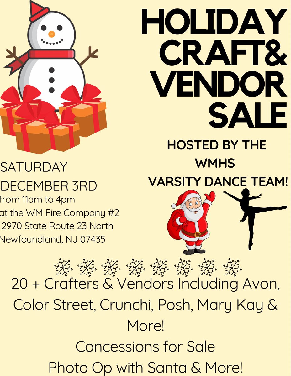 We are hosting our first Vendor/Craft Sale! Saturday, December 3rd 11am-4pm at the WM Fire Co #2 on Rt 23 in Newfoundland. 20 + vendors and crafters will be there with lots of merchandise to sell along with concessions and a photo op with Santa!! Come on by!