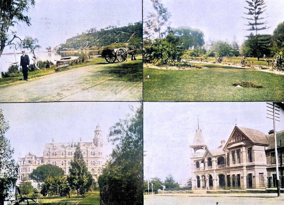 ColourMePerth's tweet photo. Various views of #Perth in 1898 (#Colourised) - Mounts Bay Road, Government Gardens, T&G bldg from Govt Gardens, Weld Club. #PerthHistory @twofeetperth @WestAustralia @kaz747 @BellTowerTimes @ameliabroun7 @heritage_ppl @IsabelMoussalli @caitlynrintoul https://t.co/hb9iVEiorP