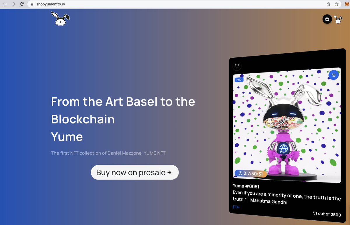 <a href="/YUMENFTS/">YUME by Daniel Mazzone</a> mint is live! Daniel Mazzone was homeless at 15 and now one of the most sought out artists in Toronto and Miami Art Basel. 
From the Art Basel to the Blockchain minting now shopyumenfts.io NFTs includes a high end print usually sold for $2K!
