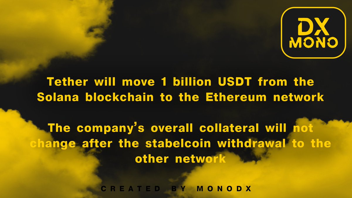 Tether will move 1 billion USDT from the Solana blockchain to the Ethereum network.

#Tether #USDTTether #USDT #Solana #Ethereum #Blockchain #ShortNews #MonoDX