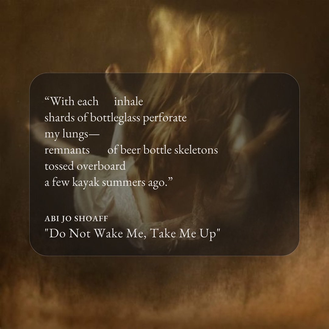 GingerbreadMag's tweet image. “With each             inhale
shards of bottleglass perforate
my lungs—
remnants               of beer bottle skeletons
tossed overboard
a few kayak summers ago.”
“Do Not Wake Me, Take Me Up,” Abi Jo Shoaff’s poem, is accompanied by Brooke Shaden’s art in our 53rd issue.