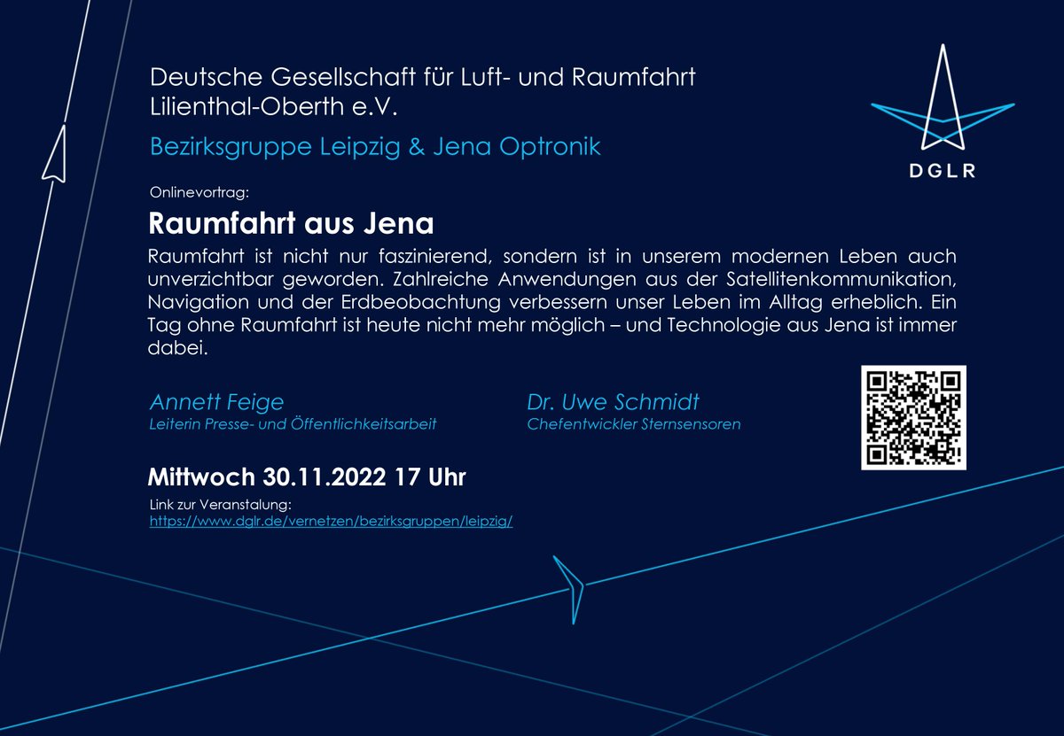 Heute findet bei der @DGLReV Bezirksgruppe #Leipzig der Onlinevortrag "Raumfahrt aus #Jena (Sensoren, Optik &amp; Elektronik für die #Raumfahrt)" mit Dr. U.Schmidt der #JenaOptronik (<a href="/AirbusSpace/">Airbus Space</a>) statt.
Seid ab 17 Uhr dabei!
dglr.de/vernetzen/bezi…
<a href="/JenaerTweets/">Jenaer Tweets</a> #dglr