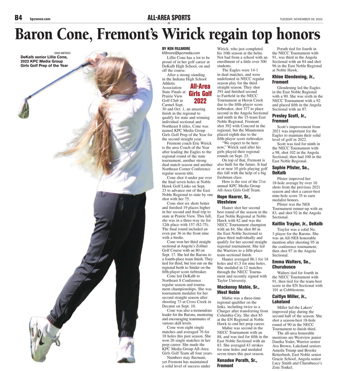 kpcnewssports's tweet photo. The 2022 All-Area Teams for girls golf and boys tennis were released today, with DeKalb's @LillieCone and Westview's Isaiah Hostetler taking Preps of the Year, and Fremont sweeping the Coaches of the Year with Eric Wirick winning it in golf and Neal Frantz winning it in  tennis. https://t.co/eLEQyt2U7f