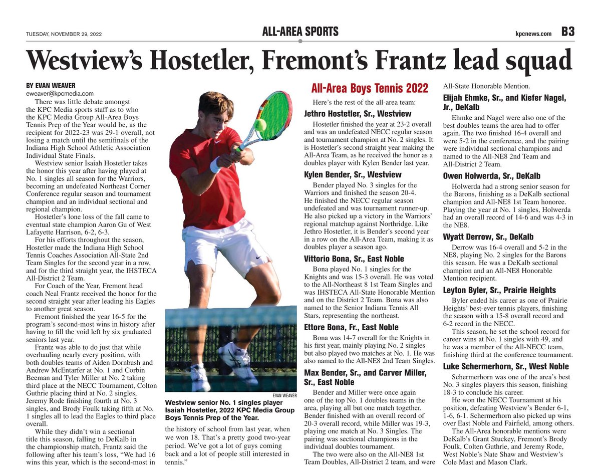 kpcnewssports's tweet photo. The 2022 All-Area Teams for girls golf and boys tennis were released today, with DeKalb's @LillieCone and Westview's Isaiah Hostetler taking Preps of the Year, and Fremont sweeping the Coaches of the Year with Eric Wirick winning it in golf and Neal Frantz winning it in  tennis. https://t.co/eLEQyt2U7f