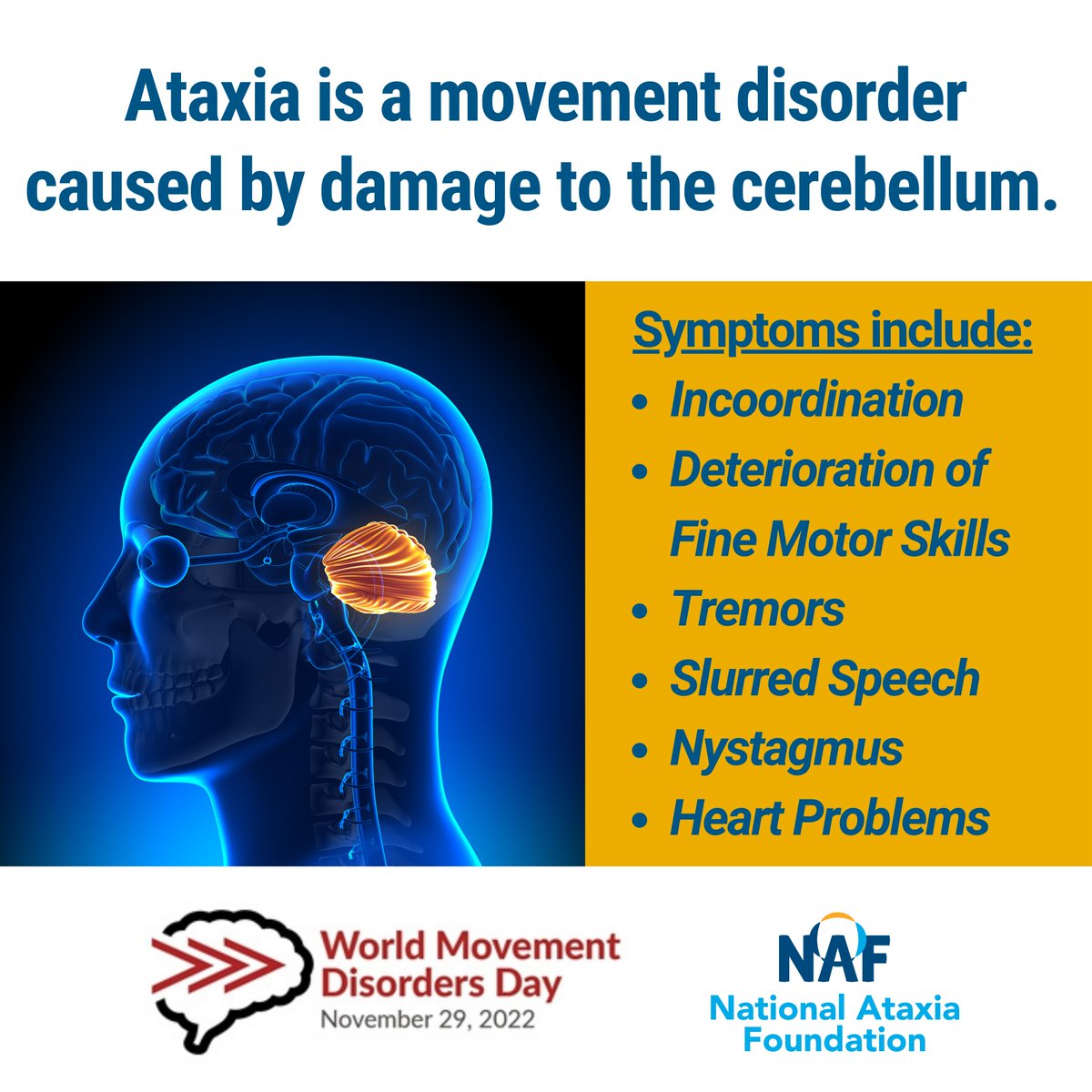NAF_Ataxia's tweet photo. Today is the first-ever World Movement Disorders Day meant to bring awareness to conditions like Ataxia. There are many aspects to living with a movement disorder that are not intuitive. Share this post and use #movedisorder &amp; #ataxia to help spread awareness. https://t.co/2pLulOt7ay