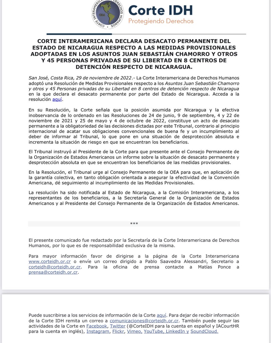 La <a href="/CorteIDH/">Corte Interamericana de Derechos Humanos</a> declara violación de #Nicaragua al deber de acatar las decisiones del SIDH de buena fe. Invoca art 65 de CADH y Opinión Consultiva 26 que los Estados de la OEA deben dar una “garantía colectiva” de protección  para asegurar la efectividad de la Convención Americana.