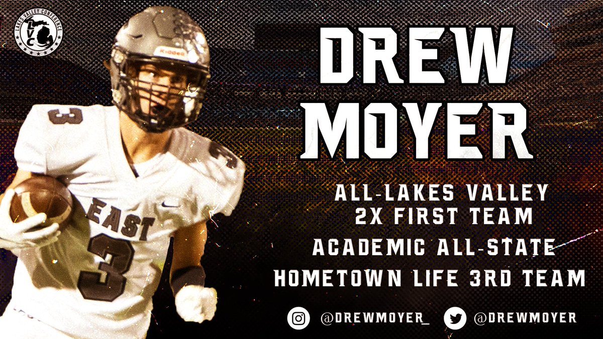 Drew Moyer (<a href="/DrewMoyer/">Drew Moyer</a>) was a 3 time All-<a href="/LakesVC/">Lakes Valley Conf.</a> recipient (2x - 1st Team, 1x - HM), <a href="/HTLsports/">Hometown Life Sports</a> 3rd Team, and <a href="/michiganhsfca/">MHSFCA</a> Academic All State. Holds the record for single game receiving yards with 196 yards against South Lyon. 12 total TDs. 

#BeEAST | @CoachToppSLEHS