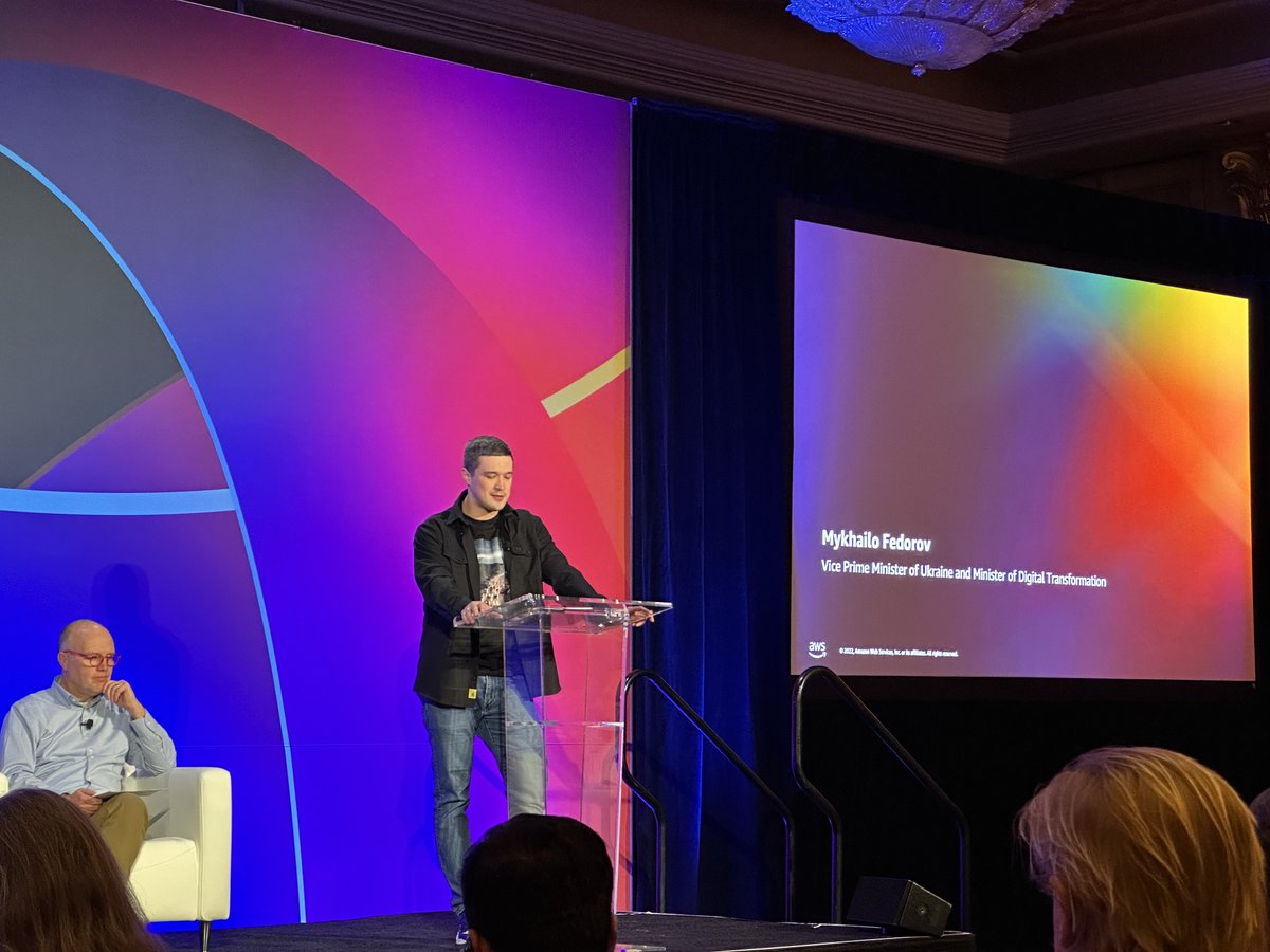 TechWireAsia's tweet photo. #reInvent Ukraine's DPM @FedorovMykhailo shared with the press how @awscloud has been actively supporting Ukraine since the beginning of the full-scale invasion of the Russian Federation. 

"AWS helped save our digital infrastructure during the war.” https://t.co/IrDF7a0sOA