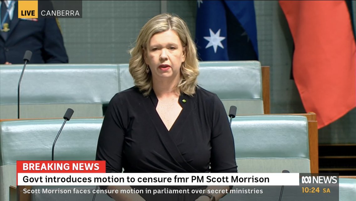 Liberal MP #BridgetArcher has broken ranks to join the government in censuring #ScottMorrison. “I do not accept any of (his) explanations,” she says. His secret multiple ministries were “an affront” to democracy. #auspol