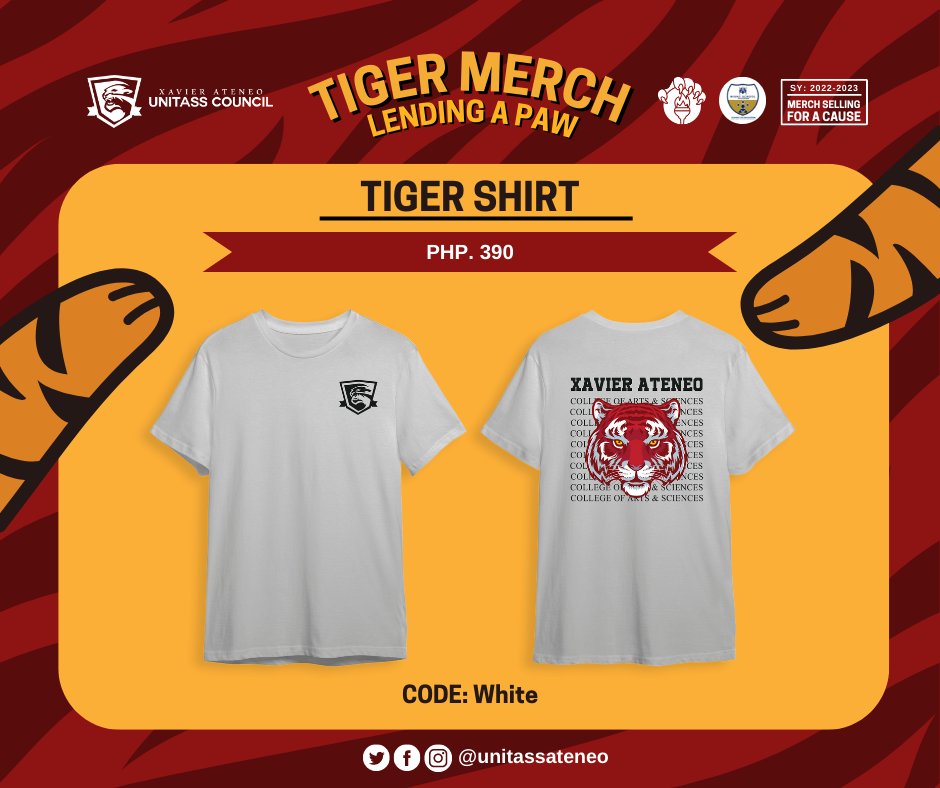unitassateneo's tweet photo. [OFFICIAL TIGER MERCH 2022-2023:BATCH 1 PRE-ORDER]

Tigers, let’s go,
Tigers, let’s fight,
Tigers, let’s go and win this fight!

🐯❤️‍🔥

Hey there, Ka-Tigre! Wear the College of Arts and Science’s colors with the official Tiger Merch, brought to you by the UNITASS Council.

1/19 https://t.co/OJqs3MAIaj