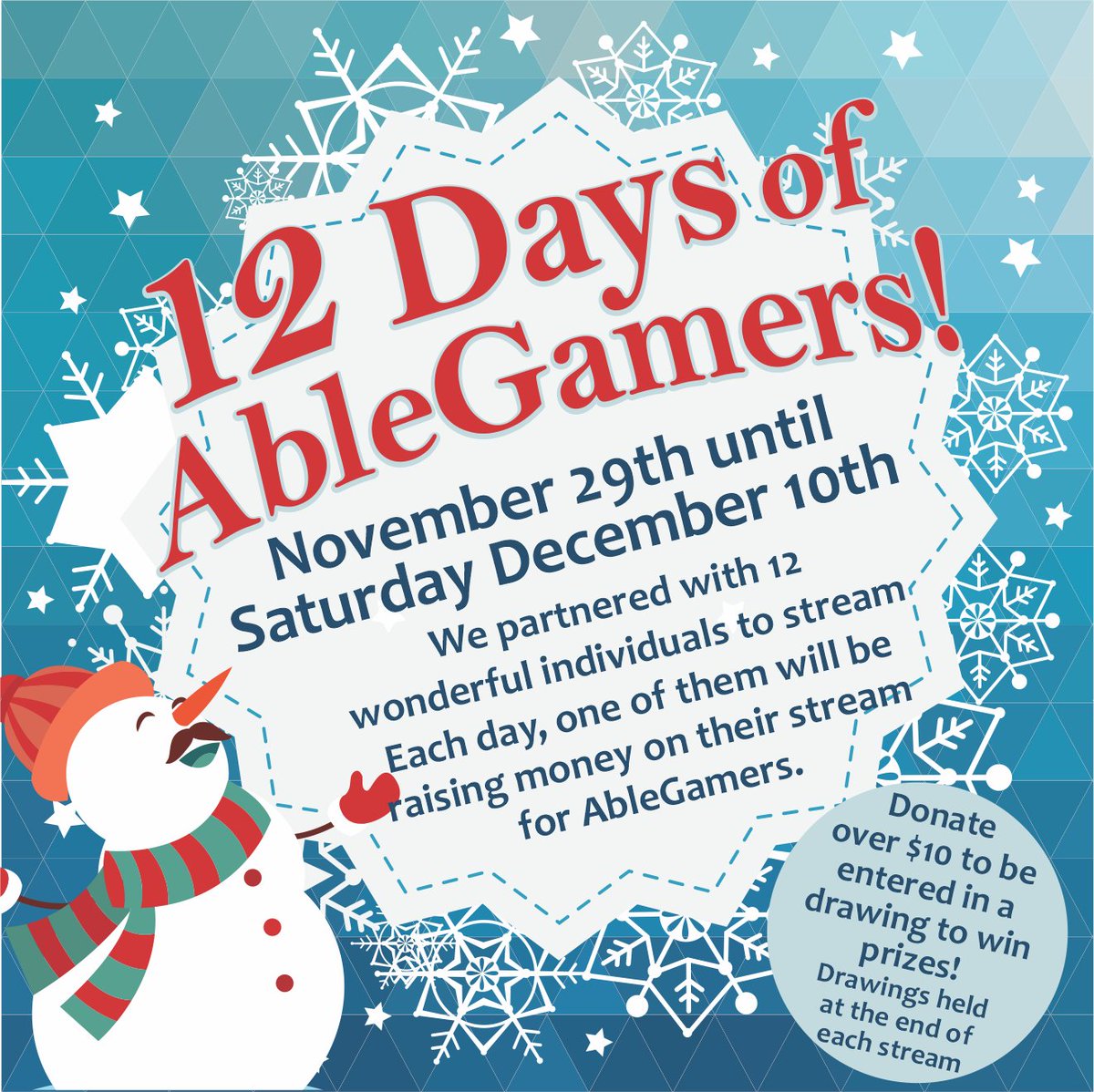 AbleGamers's tweet photo. The holidays can be lonely for many. We want to bring the community together this season with our first winter event! One of the best ways to bring people together is through the power of video games, so join us in giving back and make it #SnowEveryoneCanGame - More info to come. https://t.co/yX8yQyFgeu