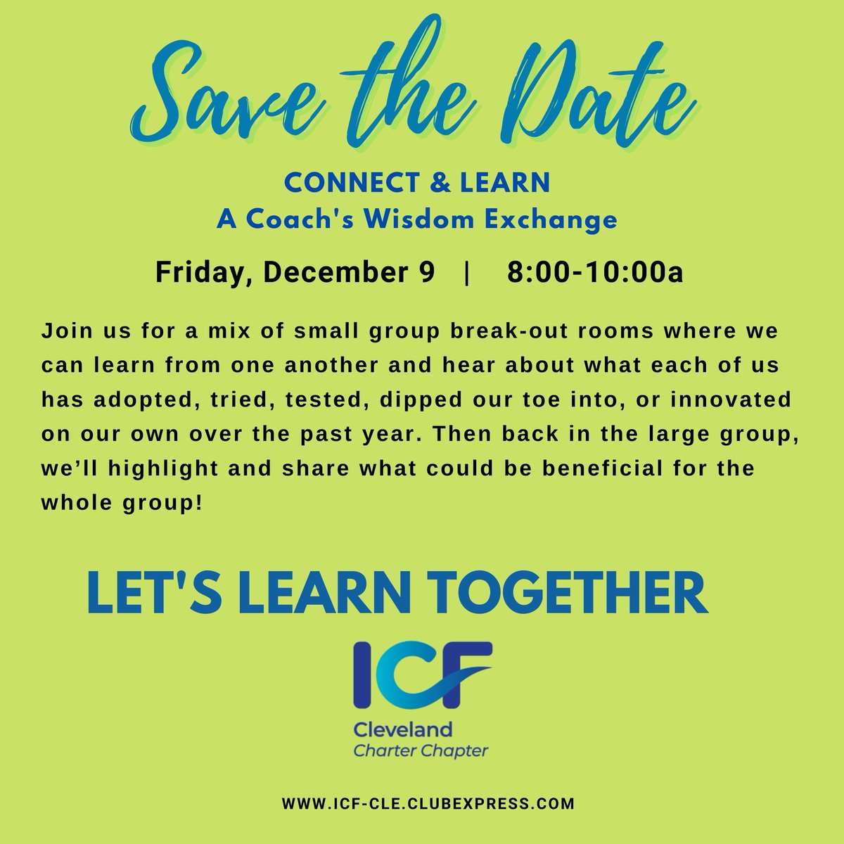 ICFCleveland's tweet photo. 'Tis the season for giving and sharing - join us as we give and share at A Coach's Wisdom Exchange. We learn best from each other. Come learn with us! https://t.co/zfcEgvvVyu

#clecoaching #clecoach #icfcle #cleveland #coaching #coachingcommunity https://t.co/zOvqeYtKpb