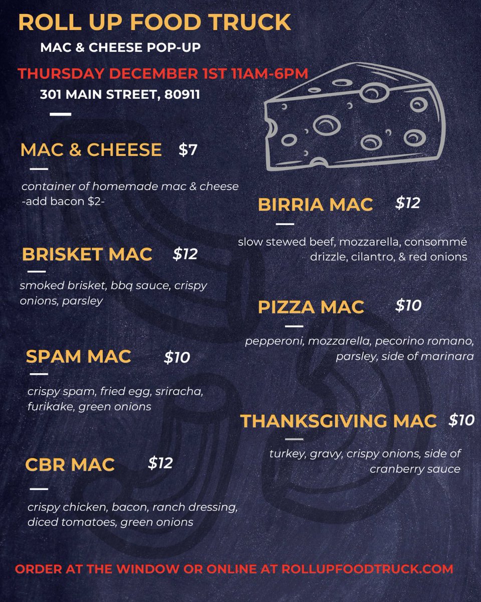 rollupcos's tweet image. Kicking off December with a loaded mac &amp;amp; cheese pop-up menu on our new food truck! 🧀🔥🧀🔥

Thursday, December 1st 🍴 
11am-6pm
301 Main Street 80911 📍 

#macandcheese #loadedmac #rollupfoodtruck #301mainstreet #coloradosprings