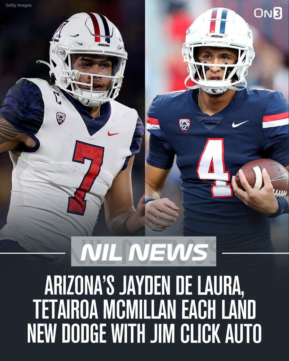 On3NIL's tweet photo. Arizona quarterback Jayden de Laura and wide receiver Tetairoa McMillan have each landed a new Dodge as part of a deal with Tucson’s Jim Click Auto.

Friends of Wilbur &amp; Wilma facilitated the deal.

More from @Pete_Nakos96: https://t.co/BvDnpihvji https://t.co/6Zwg171onI
