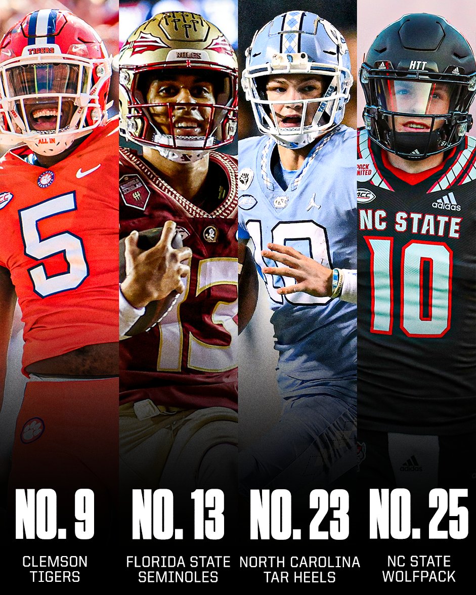 Four @ACCFootball teams are ranked in the latest #CFBPlayoff rankings 🏈 ♨️