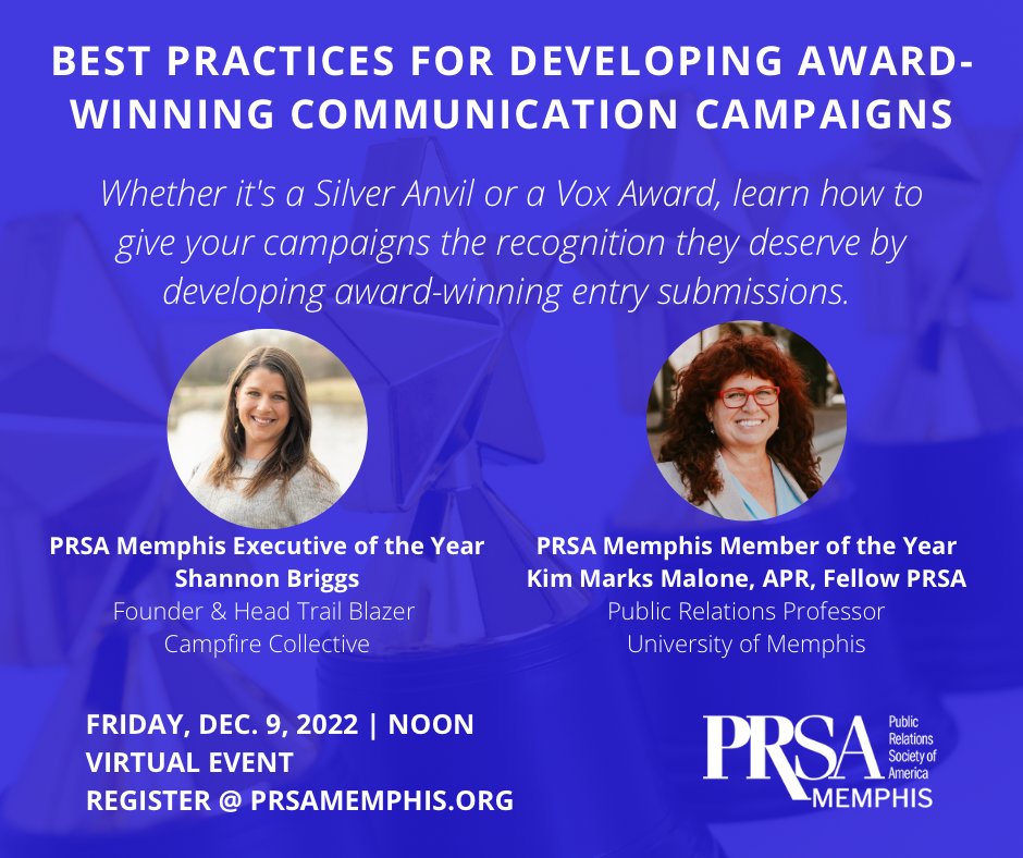 PRSAMem's tweet photo. Want to win a Silver Anvil or VOX Awards! Learn some best practices to give your campaigns some well-deserved recognition!
Register today at https://t.co/7aEDWCZY1D.
#PRSAMemphis #PRSA https://t.co/kvl5MTCHGT
