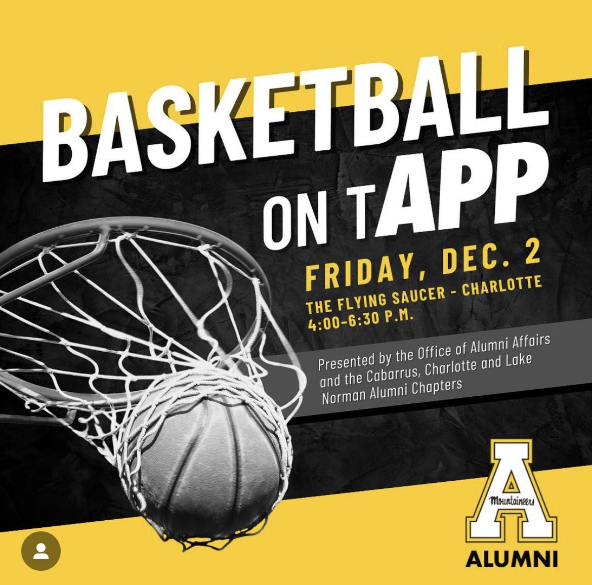 LKN App State Alums (@lknappstate) on Twitter photo As your watching <a href="/AppStateMBB/">App State Basketball</a> take on Furman tonight on <a href="/ESPNPlus/">ESPN+</a> make plans to join us, <a href="/CharlotteApps/">ASU Charlotte Alumni</a> and <a href="/AppAlumni/">Appalachian Alumni</a> for a pregame social <a href="/FlyingSaucerCLT/">Flying Saucer CLT</a> before heading to watch the Apps take on UNCC! #BeatUNCC
WHEN: Friday, 12/2 @ 4:00PM As your watching <a href="/AppStateMBB/">App State Basketball</a> take on Furman tonight on <a href="/ESPNPlus/">ESPN+</a> make plans to join us, <a href="/CharlotteApps/">ASU Charlotte Alumni</a> and <a href="/AppAlumni/">Appalachian Alumni</a> for a pregame social <a href="/FlyingSaucerCLT/">Flying Saucer CLT</a> before heading to watch the Apps take on UNCC! #BeatUNCC
WHEN: Friday, 12/2 @ 4:00PM