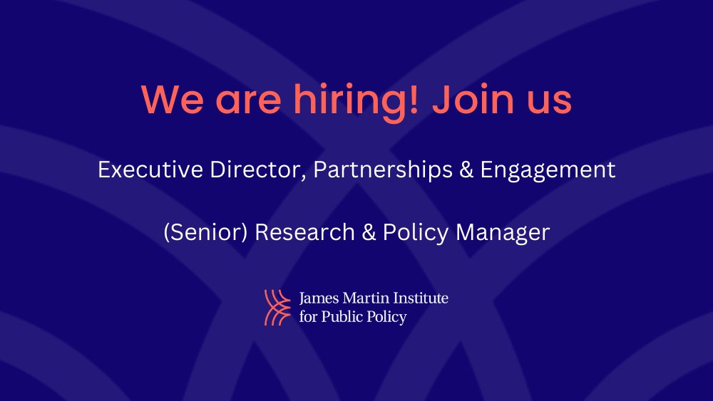 📣 The James Martin Institute for Public Policy is looking for an Executive Director, Partnerships &amp; Engagement and a (Senior) Research &amp; Policy Manager. 

Apply by 5pm on Sunday, 11 December 2022. 

👉 Learn more and apply here: 
linkedin.com/company/jmipub… #careerswithimpact #Jobs