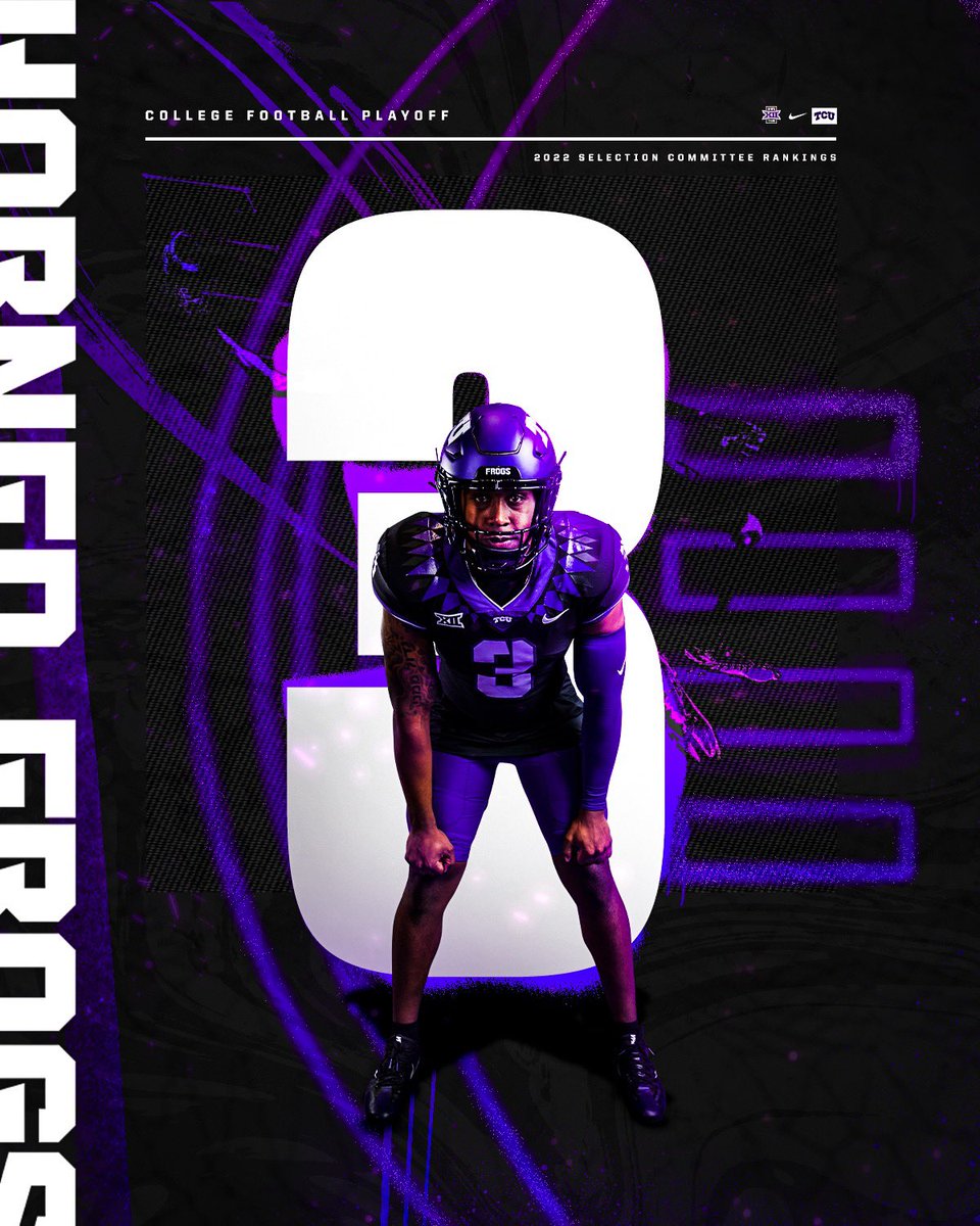 TCUFootball's tweet photo. 𝐂𝐨𝐥𝐥𝐞𝐠𝐞 𝐅𝐨𝐨𝐭𝐛𝐚𝐥𝐥 𝐏𝐥𝐚𝐲𝐨𝐟𝐟 𝐑𝐚𝐧𝐤𝐢𝐧𝐠 🐸

#GoFrogs #DFWBig12Team https://t.co/5j7sc36QEK