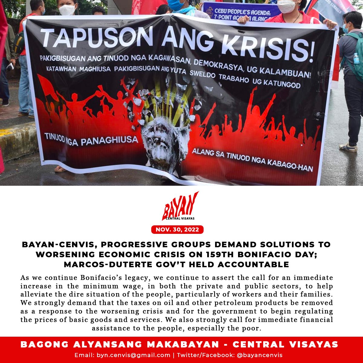 BayanCenvis's tweet photo. BAYAN-CenVis, progressive groups demand solutions to worsening economic crisis on 159th Bonifacio Day; Marcos-Duterte gov’t held accountable

READ OUR STATEMENT: https://t.co/zEhBmH36fO https://t.co/m6TEd5hS2T