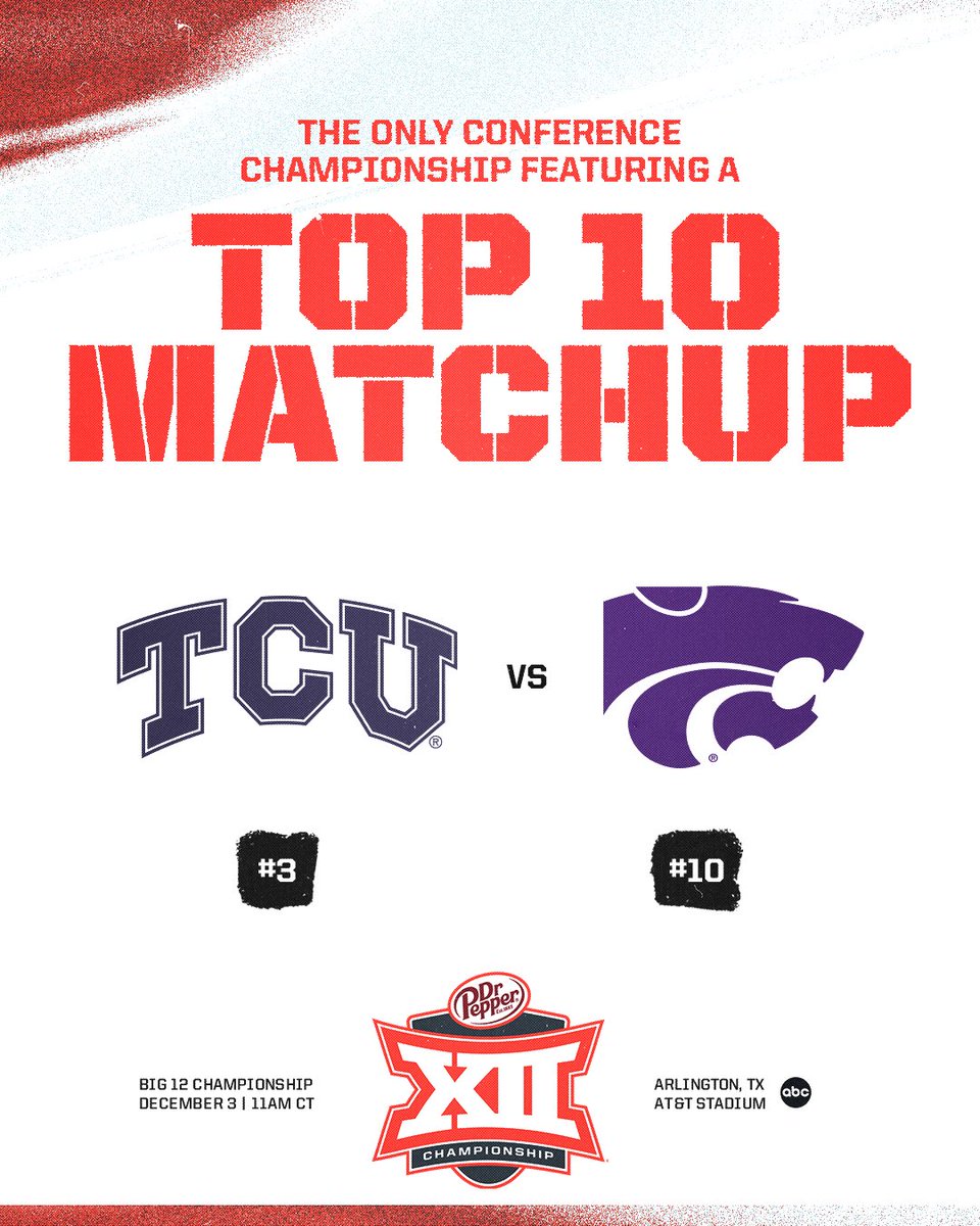 Big12Conference's tweet photo. The ๐ค๐ฃ๐ก๐ฎ Conference Championship featuring a Top 10 Matchup ๐
The 2022 Dr Pepper Big 12 Football Championship will feature two Top 10 teams for the ๐ญ๐ก๐ข๐ซ๐ ๐ฌ๐ญ๐ซ๐๐ข๐ ๐ก๐ญ ๐ฒ๐๐๐ซ. https://t.co/JyJWpjarVf