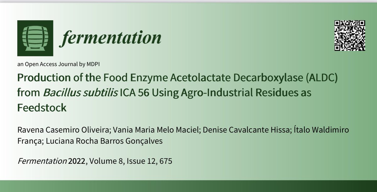 lrgon's tweet photo. I am happy to share our latest article "Production of the Food Enzyme 
Acetolactate Decarboxylase (ALDC) from Bacillus subtilis ICA 56 Using 
Agro-Industrial Residues as Feedstock" has been published in Fermentation. #MDPI https://t.co/k2MLu2tU5Y
