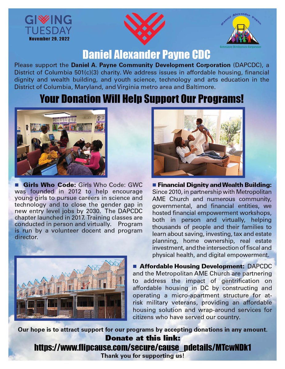 DAPCDC's tweet image. .@GivingTuesday please support @DAPCDC by making a donation in any amount by 12.1.2022 toward our $6,000 goal. In partnership w/ @MetropolitanAME @SocietyofFSP @GirlsWhoCode etc, we have helped 2500+ families improve health, wealth, digital empowerment! 
flipcause.com/secure/cause_p…