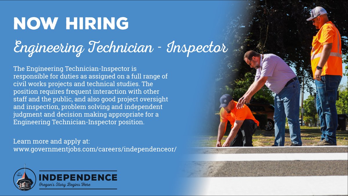 The City of Independence is hiring for an Engineering Technician - Inspector to assist in various duties for our Public Works Department. 

Learn more and apply here: governmentjobs.com/careers/indepe…

#EngineeringJobs #inspector #oregon