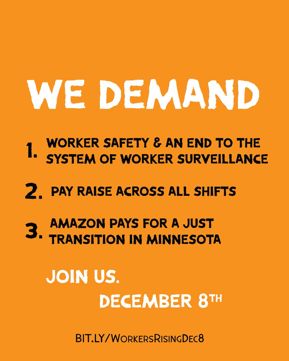 robin4mpls's tweet photo. On December 8, Amazon workers and community members are standing up for their safety at work, a living wage, and action from Amazon on the company’s climate impact in Minnesota. Join us -> https://t.co/p4dpNIaOjF
#AmazonHurts #WorkShouldntHurt #AmazonMinnesota #MSP1 https://t.co/8k1XJCssBx