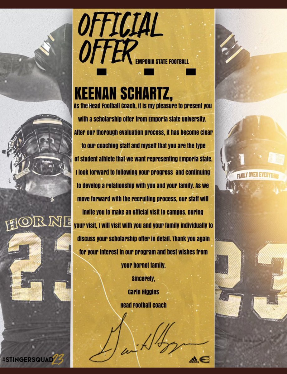 KeenanSchartz's tweet photo. After a conversation with @CoachCash1 @CoachGHiggins @esuhornetsfb I am honored to receive an offer to continue my academic and football career at Emporia state university 🐝🟡⚫️ https://t.co/q72rqOcgrK