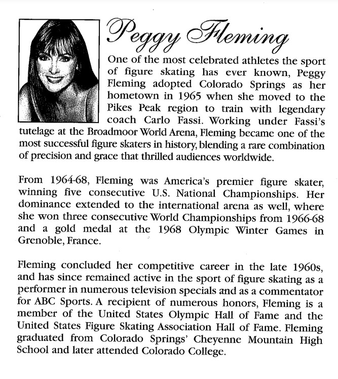PFTrophy's tweet photo. Did you know Peggy was inducted into the Colorado Springs Sports Hall of Fame in 2000? This honor is presented by the Colorado Springs Sports Corporation. 

Pictured is a snapshot from the program at the event. 

#PeggyFleming #SportsCorp #ColoradoSpringsSports #OlympicCityUSA https://t.co/6VR9BpB8F5