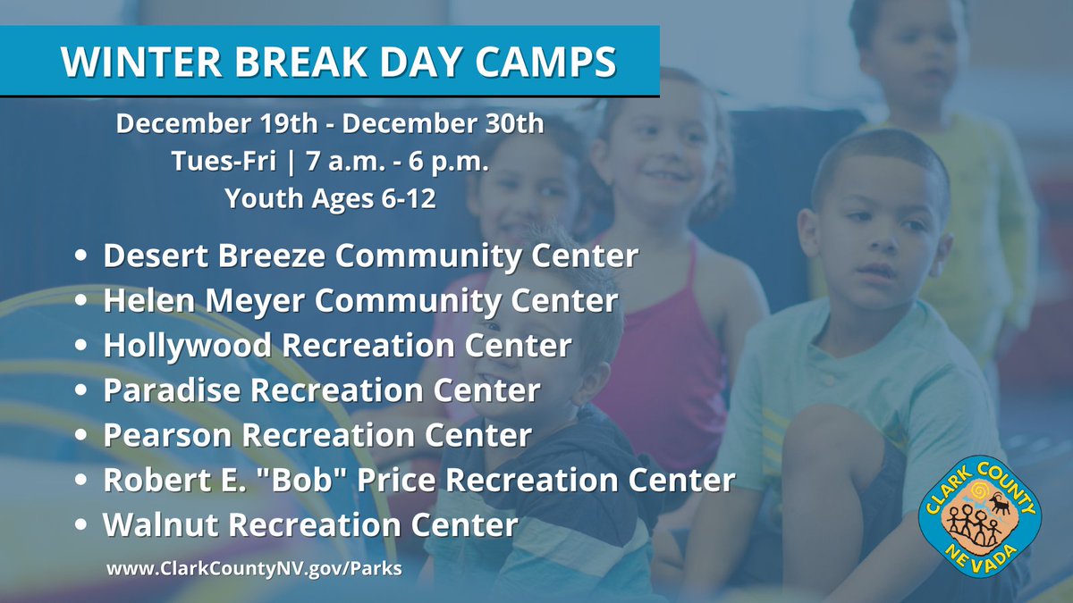 Looking to keep your kids active during winter break? Winter Day Camps will be available at 8 #ClarkCounty parks! <a href="/ClarkCountyPark/">clarkcountypark</a>

Program runs 12/19-12/30
Tues-Fri | 7am-6pm
Costs $21 per day per child

Interested? Spots fill quickly! 
Call 702-455-8200 clarkcountynv.gov/parks