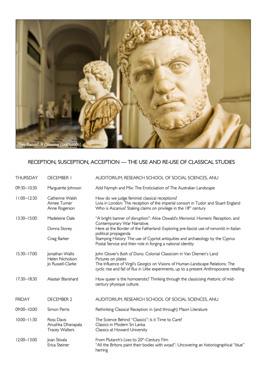 Jonathan_Wallis's tweet photo. This is part of reception conference hosted by @anu_classics – Reception, Susception, Acceptation: the Use and Re-use of Classical Studies. Keynotes by the wonderful @AlastairBlan @MMJ722 Simon Perris, and Tracey Walters. https://t.co/4X7gSkY8eN