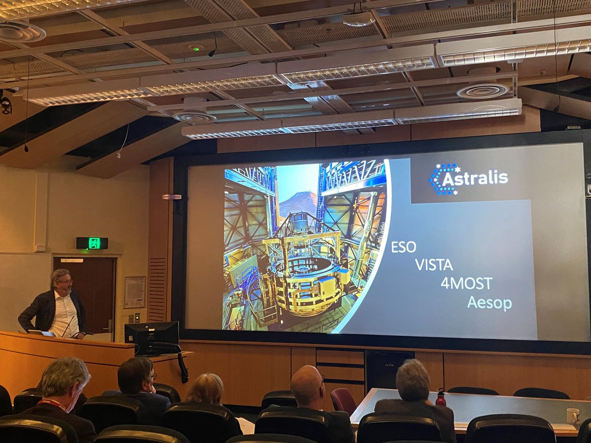 AstroAstralis's tweet photo. Astralis-AAO Director Prof Mark Casali describing AESOP (Fibre positioner for 4MOST on VISTA telescope) and BlueMUSE (Blue-optimised large field integral field spectrograph for the Very Large Telescope) at the workshop with @ESO delegates at ANU. (credits: Vimal Parashar) https://t.co/DovqfU5Xz7
