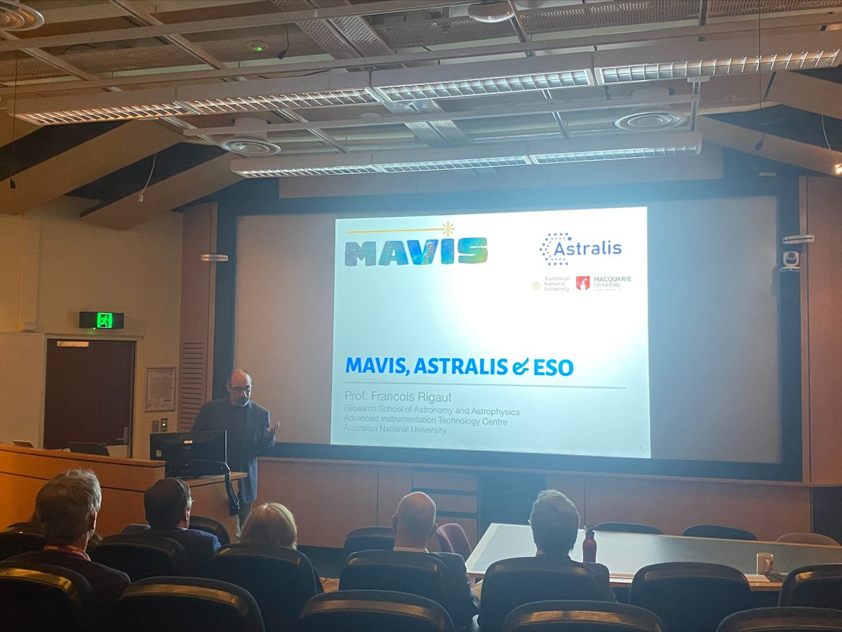 AstroAstralis's tweet photo. Astralis-AITC Director Prof Francois Rigaut @FrancoisRigaut
  talking about MAVIS, one of the flagship projects of Astralis, at the workshop with @ESO
 delegates at ANU this morning. (credits: Vimal Parashar) https://t.co/SzeIe1oIYS