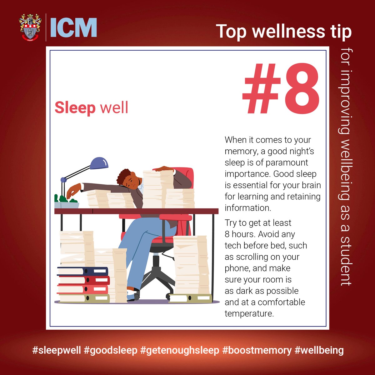 InstituteCM's tweet photo. #Wednesdaywellness
It's important to prioritise your health and wellbeing as a student undertaking qualifications. Need help with supercharging your wellness?
Tip #8 - Sleep well
#sleepwell #goodsleep #getenoughsleep #boostmemory #sleep #wellbeing #wellness #education #ICM https://t.co/Mb8FGId5lf
