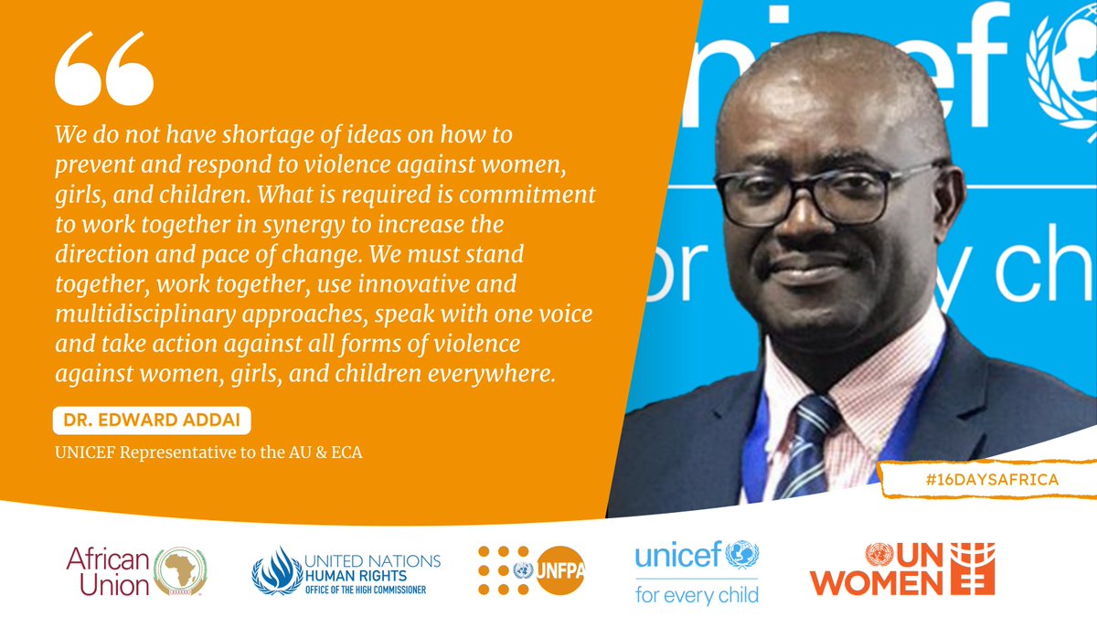 UNICEF_AUOffice's tweet photo. “We must stand together, work together, use innovative &amp; multidisciplinary approaches, speak with one voice &amp; take action against all forms of violence against women, girls, &amp; children everywhere.” says Dr. Edward Addai, @UNICEF_AUOffice Representative.

#16Days #16DaysAfrica https://t.co/207hM32XvO