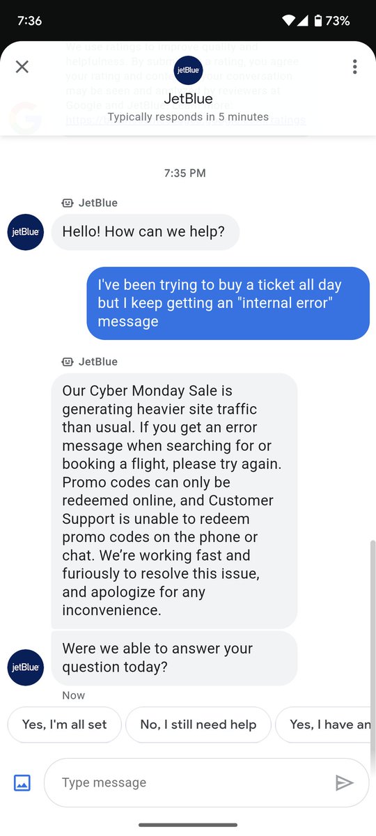 Jaime_K's tweet photo. @JetBlue is having a #CyberMonday sale. Their website has been down the entire time. I love that the support bot basically tells you to leave them alone, don't bother them, and no we won't help you 🤣 #bringbacktheoldjetblue #traveltroubles https://t.co/NVif3sEXm6