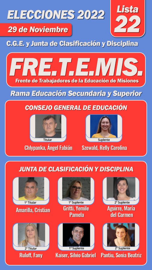 #EleccionesDocentes2022

Provisorio #Secundaria 👇

-UDA
610
-FRETEMIS
2413
-Autoconvocados
1567
-MPL
891
-AMiPE
320
<a href="/udpm_misiones/">UDPM</a> <a href="/ADOMIS_Misiones/">ADOMIS_Misiones</a> <a href="/grillo141/">Ruben Dario</a> <a href="/NormaBeatrizOr8/">Norma Beatriz Ortiz</a> <a href="/DoraSGallardo/">DoraGallardo</a> <a href="/mestigarribia/">Mónica Estigarribia</a> <a href="/Marcos42866602/">Marcos Caballero</a> <a href="/fabianchilipank/">Fabian Chilipanka</a>