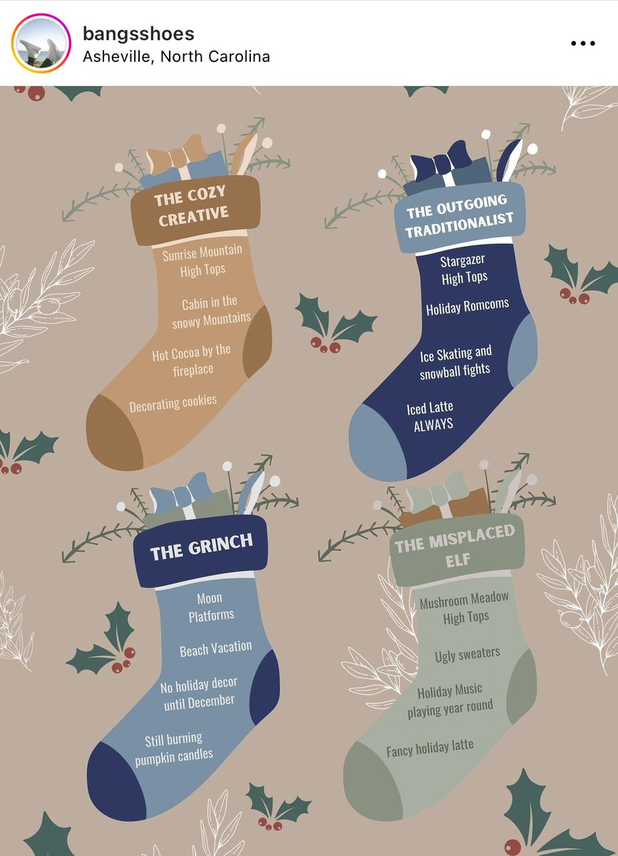 juliet_irl's tweet photo. Came across this post from @BangsShoes on Instagram. Love the idea of connecting products to personalities! What stocking are you? I'd say I'm the Cozy Creative🎄#ChicoPRW https://t.co/ebgP5cGq19
