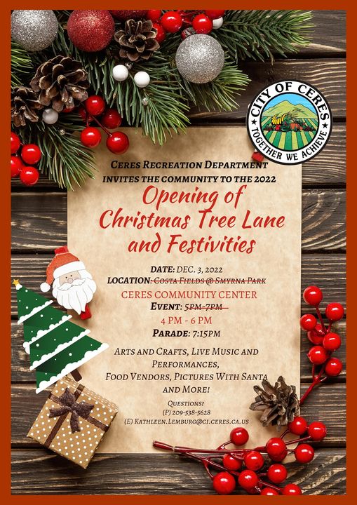 ☃️ TIME &amp; LOCATION CHANGE ☃️
Despite the weather, you and your family don’t want to miss this great Christmas event! Best of all, Santa is making a special trip from the North Pole to come visit the kiddos of Ceres!!!! 🎄