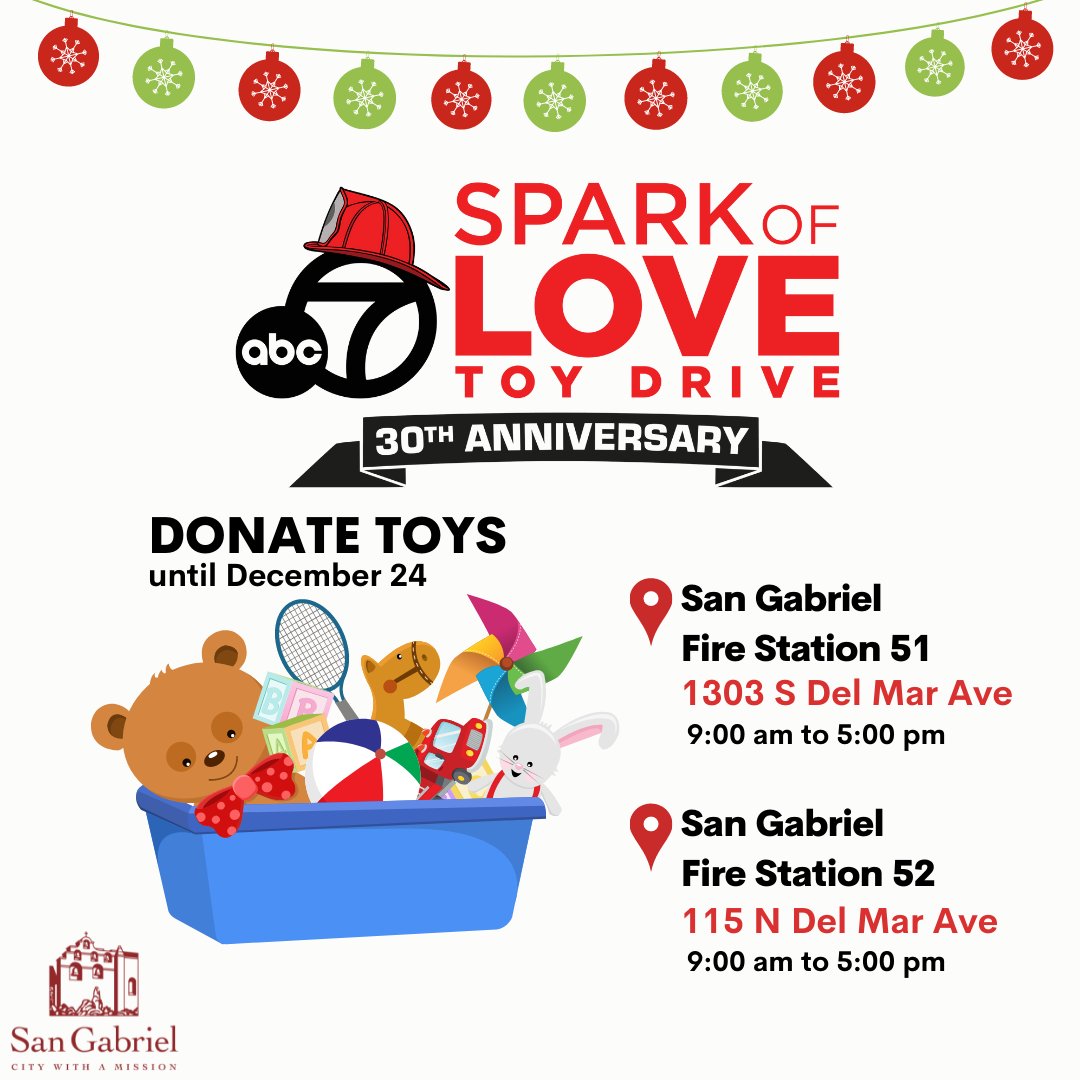 The San Gabriel Fire Department is collecting new and unwrapped toys and sports gear for @ABC7 's #SparkOfLove Toy Drive to donate to kids and teens in need this holiday season. 🚒💝 🧸For more info or to donate online, visit ow.ly/4eVo50LQEVi