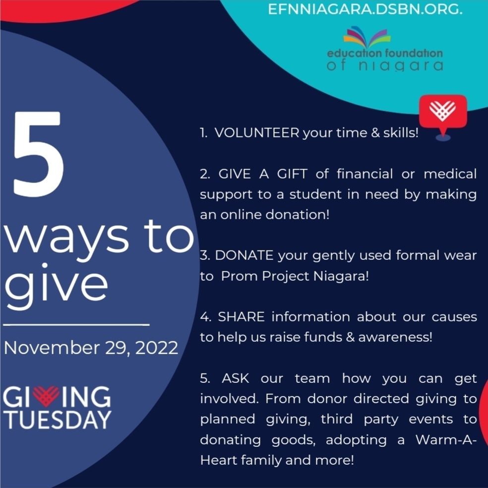 efnniagara's tweet photo. Here are FIVE of the many ways you can support @dsbn students in need through our Foundation this @GivingTuesdayCa! Donate here: https://t.co/oL9YWRYwJ4 or refer to our pictured list for another suggested way to give! 💜 #GivingTuesdayCA #GivingTuesday https://t.co/XB1gYGclhF