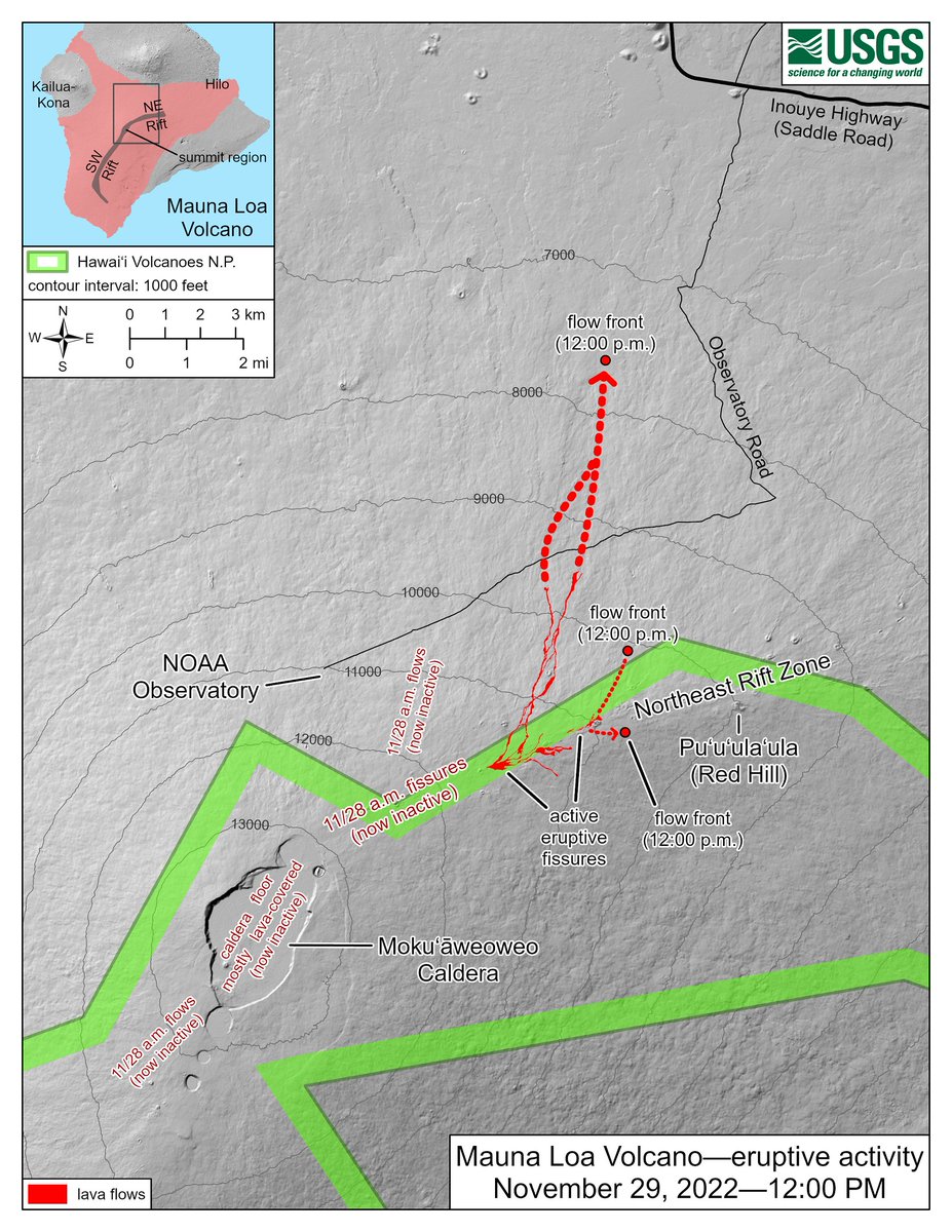 Overnight satellite views allowed USGS analysts to accurately map #MaunaLoa's active flows (solid red) with dotted lines marking additional downslope progression. Two fissures are active. Longest/largest flow is from fissure 3, headed NE ~5.5 miles from Saddle Rd. #MaunaLoaErupts